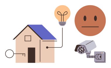 Anahtar erişimi, kamera takibi, enerji tasarruflu ampul ve güvenlik monitörünü temsil eden nötr bir yüz. Akıllı ev, enerji, güvenlik, teknoloji ve gözetim için ideal