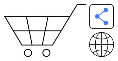 Bir alışveriş arabasının taslağı, küresel ağ simgesi ve noktalarla bağlantılı bir paylaşım simgesi. E-ticaret için ideal, dijital perakende, çevrimiçi alışveriş, küresel bağlantı, teknoloji, pazarlama sade iniş sayfası