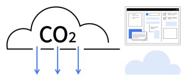 Aşağıya bakan mavi okları olan CO2 bulutu karbon azaltımını sembolize ediyor. Ağ arayüzü ve soyut bulut elementi ile eşleştirilmiş. Sürdürülebilirlik, teknoloji, mühendislik, çevre için ideal