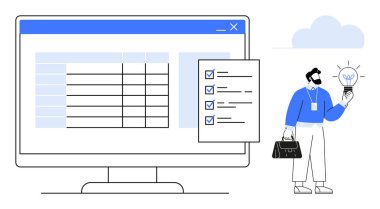 Kontrol listesinin yanında ampul ve bilgisayar ekranında hesap tablosu tutan bir adam. Üretkenlik, organizasyon, yaratıcılık, yenilik, beyin fırtınası, dijital araçlar, basit düz metafor