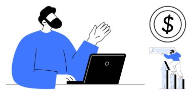 Profesyonel olarak dizüstü bilgisayar kullanmak, finansal büyümeyi işaret etmek yükselen oklar ve büyük bir dolar ikonu ile sembolize edilir. Finans, üretkenlik, planlama, iş büyümesi, başarı, dijital