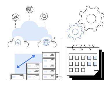 Veri sunucularına bağlı bulut, güvenlik, ağ oluşturma, ölçeklenebilirlik, vites ve takvim simgeleri. IT işlemleri, bulut depolama, sistem entegrasyonu veri yönetimi iş akışı planlaması için ideal