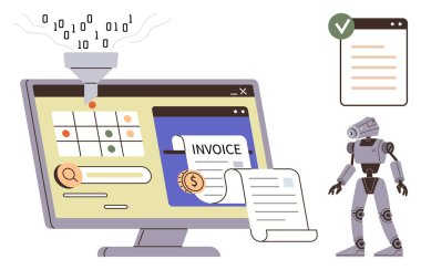 Computer displaying AI processing data and creating invoices while robot assists. Ideal for automation, finance, artificial intelligence, business efficiency, digital transformation, workflow clipart svg vector 