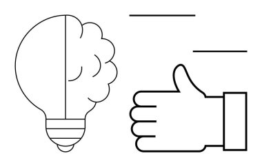 Beyin ampulü yaratıcılığı sembolize ederken, baş parmak işareti de onayı iletir. Yenilik, fikirler, geri bildirim, destek, yaratıcılık süreci, motivasyon, basit iniş sayfası için ideal