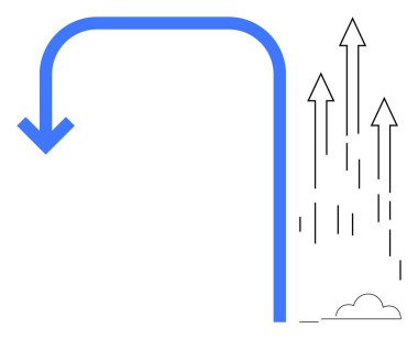 Mavi ok aşağı doğru döner, sonra yukarı doğru döner, yükselen siyah oklar ve bulut aksanıyla yan yana gelir. Ticari dönüş, strateji değişimi, iyileşme, başarı, büyüme, yenilik, esneklik için ideal