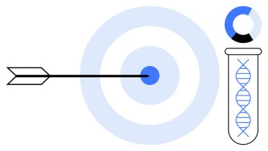 Ok mavi hedefi vurur, test tüpü dairesel grafik elementinin yanında DNA sarmalı gösterir. Kesinlik, genetik, doğruluk, hedef belirleme, biyoteknoloji, hedef yeniliği için idealdir. Basit bir daire.