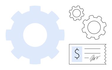 Daha küçük vitesli büyük teçhizat ve imzalı fatura vurgulama takım çalışması, teknoloji, otomasyon, finans, fatura, ticari işlemler ve optimizasyon. Basit bir iniş sayfası için ideal