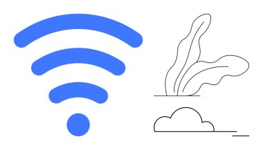 Mavi kablosuz sinyal simgesi, bitki yaprağı ve bulut çizgilerinin yanında. İletişim, internet, teknoloji, çevre, ağ, sürdürülebilirlik, basitlik için idealdir. Düz minimalistik