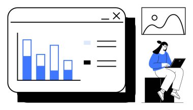 Dizüstü bilgisayarlı bir kadın bar çizelgesi ve gösterge tablosu tasarımı ile oturuyor. Veri analizi, istatistik, teknoloji, eğitim, üretkenlik, dijital iş ve bilgi için ideal. Modern minimal