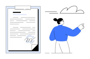 İmzalı belge ve soyut bulutu işaret eden karakter. Dijital sözleşmeler, e-imza, bulut depolama, uzak çalışma, çevrimiçi onay, iş çözümleri, basit daire çözümleri için ideal