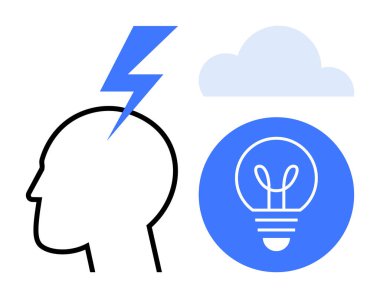 İlham kaynağı şimşek olan insan kafası, yeniliği sembolize eden ampul, soyut düşünce için bulut. Yaratıcılık, beyin fırtınası, yenilik, problem çözme, planlama, eğitim için ideal