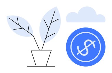 Çemberin içindeki bir dolar işareti ve üzerindeki bir bulutun yanında büyümeyi sembolize eden saksı bitkisi. Sürdürülebilirlik, finans, yatırım, çevre dostu girişimler, büyüme, tasarruf, basit düz metafor