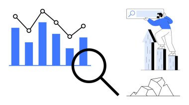 Çizgi grafikli bar çizelgesi, büyüteç, okların üzerinde arama yapan insan, parçalanmış zemin. Veri analizi, büyüme stratejisi, araştırma, sorun çözme, eğilimler için ideal iş ilerlemesi basit