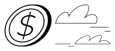 Dolar işaretli madeni paralar bulutlarda hızla hareket ederek finansal büyüme, başarı ve hızı sembolize ediyor. Yatırım, ticaret, fintech, bankacılık, girişim yeniliği için ideal basit