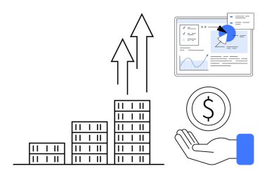 Yukarı doğru oklu çubuk grafik, analitik gösterge paneli ve bir elde parasal sembol. İş, finans, başarı, yatırım, strateji analizi girişimciliği için idealdir. Basit bir iniş için mükemmel.