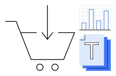 Aşağı doğru ok, bar grafik analizi ve istiflenmiş belge ikonlarıyla alışveriş arabası ikonu. E-ticaret, veri analizi, dijital içerik, çevrimiçi araçlar, indirmeler, basit iniş sayfaları için ideal
