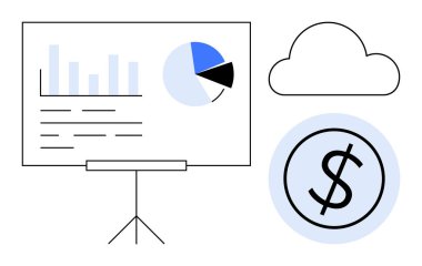 Tablo ve pasta grafiği bulut simgesi ve dolar işaretiyle ayakta duruyor. Finans, bulut hesaplama, veri analizi, teknoloji, iş yeri, çevrimiçi depolama, ekonomi kavramları için idealdir. Basit düz metafor