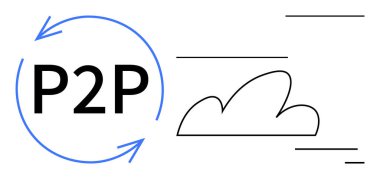 P2P 'nin etrafındaki dairesel oklar değiş tokuşu ve işbirliğini vurguluyor. Bulut internet iletişimini temsil ediyor. Teknoloji, ağ oluşturma, paylaşım, iletişim, bulut hesaplama, takım çalışması için ideal, basit