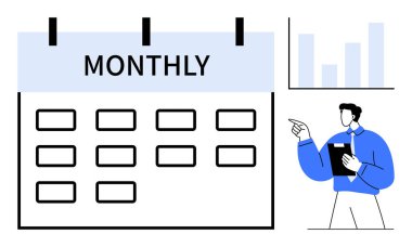 Kutuları olan büyük bir takvim, istatistik grafiğini gösteren bir pano tutan bir adam. Proje planlama, zaman yönetimi, üretkenlik, iş stratejisi, analiz için ideal
