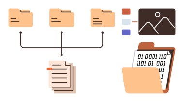 Dizinlerdeki organize dijital dosyalar, yapılandırılmış hiyerarşi, dijital belgeler ve görsel veri özeti. Örgüt, iş akışı, teknoloji, veri depolama, bilgi paylaşımı için ideal dijital