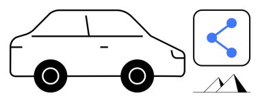 Mavi ağ düğümü simgesi ve soyut dağ başparmakları şekilli siyah beyaz bir araba silueti. Ulaşım, teknoloji, seyahat, seyrüsefer, hareket kabiliyeti, minimalizm ve basit iniş için ideal