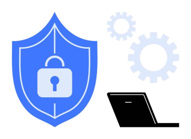 Siyah dizüstü bilgisayar ve dişli çarkların yanında kilit sembolü olan mavi bir kalkan. Veri koruması, siber güvenlik, teknoloji, ağ güvenliği, dijital güvenlik, bilişim çözümleri ve şifreleme için ideal. Basit düz