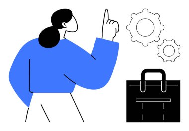 Çarkların ve evrak çantasının yanında elini kaldıran bir kadın sorun çözme ve girişim öneriyor. Takım çalışması, kariyer, strateji, yenilik, liderlik, planlama için ideal, basit düz metafor