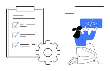 Kodlama simgesi tutan kadın, işaretli kontrol listesi ve vites sembolü. Web geliştirme, görev yönetimi, takım çalışması, yazılım güncellemeleri, iş akışı verimliliği ve proje planlaması için ideal