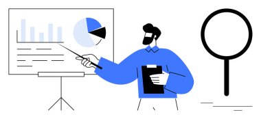 Sunucu işaretleyici ile veri tablolarını tartışıyor, analiz ve sezgileri vurguluyor. Veri yorumlaması, eğitim, planlama, analitik, strateji, araştırma ekibi çalışması için ideal. Basit düz