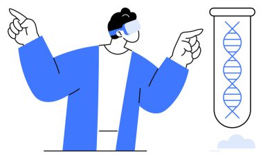 AR gözlüğü takan bir araştırmacı test tüpündeki DNA çift sarmalına işaret ediyor. Bilim, biyoteknoloji, yenilik, eğitim, moleküler biyoloji, fütüristik kavramlar, basit düz metafor