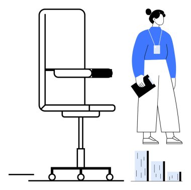 Tekerlekli büyük bir ofis sandalyesi, elinde pano olan ayakta duran bir kadın ve çizelge blokları. İş yeri için ideal, ofis dinamikleri, kurumsal kültür, iş stratejisi, analiz, profesyonel