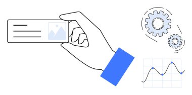 El ele tutuşan kartvizitler, mekanik vitesler ve yenilik, verimlilik ve süreci vurgulayan grafikler. İş, veri, tasarım, iş akışı, strateji otomasyonu için ideal basit düz metafor