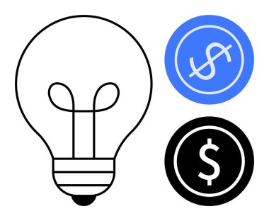 Finansal büyümeyi, girişimciliği ve değer yaratmayı temsil eden mavi ve siyah dolar simgeleriyle eşleştirilmiş fikirleri sembolize eden ampul. İş, girişim fikirleri ve yatırım konseptleri için ideal