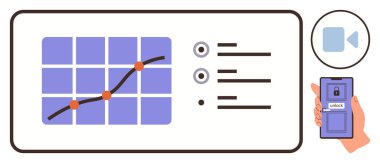 Izgaradaki grafikler, ayarlar için anahtarlar, açık ekran ile el ele tutuşan akıllı telefon ve video kamera simgesi. Veri izleme, güvenlik, teknoloji, erişim yönetimi, analitik akıllı aygıtlar için ideal