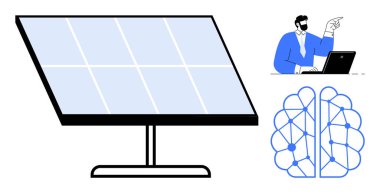 Güneş paneli, sinirsel beyin ağı illüstrasyonu ve mavi analiz verileri. AI entegrasyonu, yenilenebilir enerji, teknoloji, veri analizi, yenilik, sürdürülebilirlik için ideal