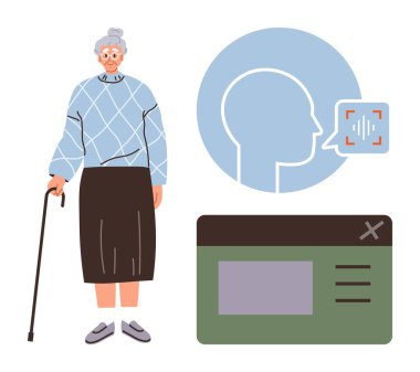 Bastonla ayakta duran yaşlı kadın, ses tanıma sembolü ve UI paneli ulaşılabilir teknoloji, iletişim, yaşlı bakım, sağlık, kapsama, yenilik, basit düz metaforu temsil ediyor