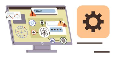 Güvenlik uyarıları, küresel ağ, giriş alanları ve ayarları olan bilgisayar ekranı. Teknoloji, siber güvenlik, veri koruması, çevrimiçi gizlilik, sistem ayarları için ideal iş yeri basit düz