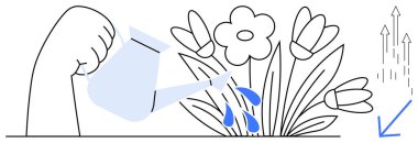 Çiçeklerin üzerine su dökerek büyümeyi ve canlılığı besliyor. Büyüme, gelişme, beslenme, sürdürülebilirlik, potansiyel, gelişme başarısı için idealdir. Basit düz metafor