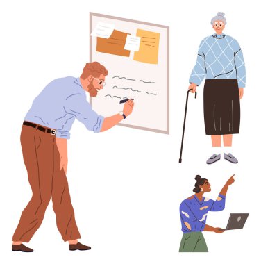 Planlama tahtasında yazan bir adam, baston gözlemleyen yaşlı bir kadın, dizüstü bilgisayarı olan genç bir kadın. Takım çalışması, yaş çeşitliliği, eğitim, strateji, yaratıcılık atölyeleri iletişimi için ideal. Basit.