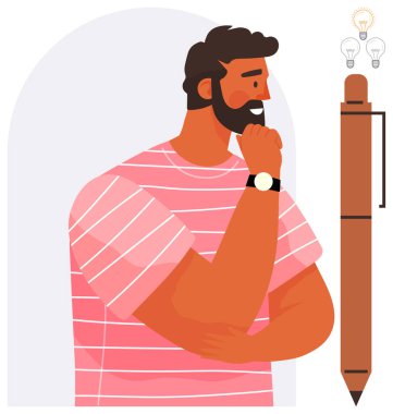 Çizgili tişörtlü adam, çenesi ampullerin yanında ve kalemle yaratıcılığı sembolize ediyor. Yaratıcılık, yenilik, beyin fırtınası, problem çözme, tasarım, öğrenme, basit iniş için ideal