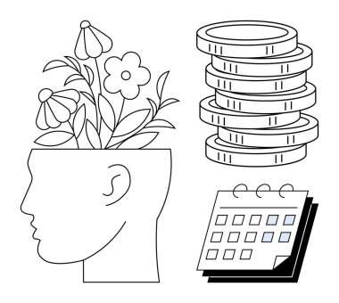 Zihinsel gelişimi sembolize eden çiçek yetiştiren insan kafası, finansal planlama için birikmiş madeni paralar ve zaman yönetimi için bir takvim. Büyüme, farkındalık, finans, üretkenlik ve refah için ideal
