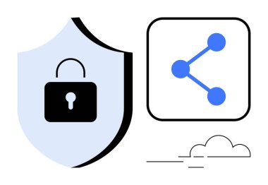 Güvenlik ve korumayı temsil eden kilit sembollü kalkan, dijital işbirliğini gösteren bağlı paylaşım ağı simgesi. Siber güvenlik, veri paylaşımı, çevrimiçi mahremiyet ve koruma için ideal