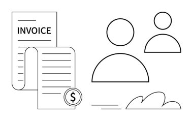 Para birimi sembollü fatura, kullanıcı profili simgeleri, ödemeyi, takım çalışmasını ve verileri gösteren soyut şekiller. Finans, muhasebe, fatura, takım işbirliği iş yönetimi ödemesi için ideal