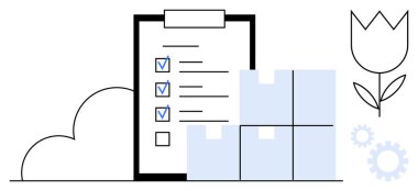 İşaretli eşyalar, kutular, bulut şekilleri, vitesler ve çiçekli kontrol listesi. Üretkenlik, organizasyon, depolama lojistik planlama verimliliği için ideal. Minimalist düz metafor