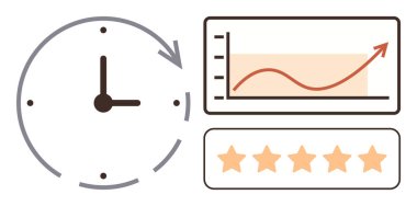 Oklu saat verimliliği sembolize ediyor, grafik performans artışını gösteriyor ve beş yıldızlı not. Üretkenlik, zaman izleme, başarı, iş analizi, iyileştirme, mükemmellik için ideal