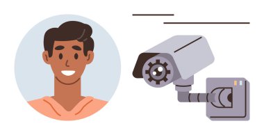 Güvenlik kamerasının yanında gülümseyen şahıs yüz tanıma kavramını gösteriyor. Güvenlik, gizlilik, yapay zeka, izleme, kimlik tespiti, kimlik doğrulama ve teknoloji için ideal. Basit düz metafor