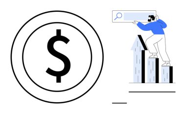 Baro tabelalarında elinde arama çubuğu olan bir kişinin yanında dolar işareti, finansal büyümeyi, yatırımı, analizi, başarıyı, hedefleri, yeniliği, zenginliği sembolize ediyor. Ekonomi sektörü için ideal