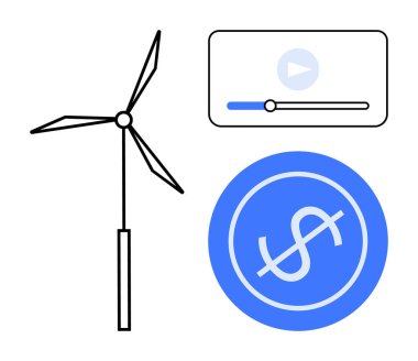 Rüzgar türbini yenilenebilir enerji video oynatıcısını temsil ediyor. Medya dolar işareti finansal büyümeyi simgeliyor. Sürdürülebilirlik, teknoloji, yatırım, çevre dostu çözümler ve yenilik için ideal