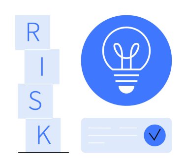 Yığınlanmış bloklar RISK yazılıyor, yenilik için ampul ve işaretli bir kontrol listesi. İş stratejisi için ideal, yenilik, planlama, problem çözme, analiz, karar verme sade iniş