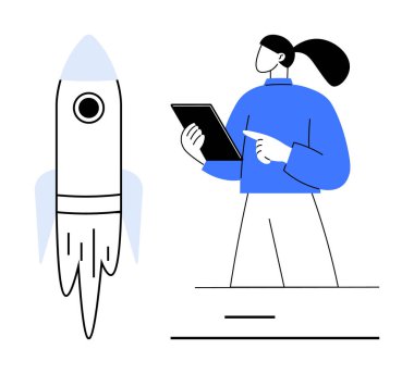 Kadın ekranda stilize roketin yanında tablet noktaları tutuyor, planlama, yenilik, başlangıç, takım çalışması, hedef belirleme, eğitim, yaratıcılık öneriyor. Teknoloji sektörü stratejisi için ideal ve basit